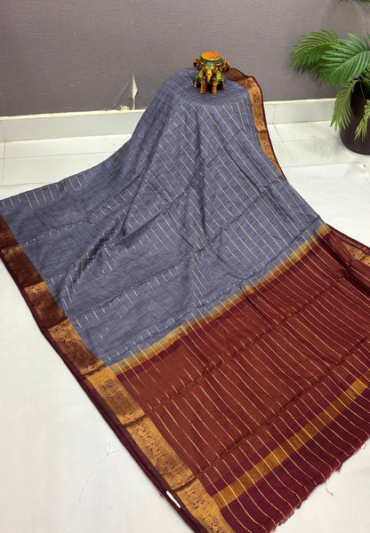 Semi Raw Silk Saree-Dark Grey in Zari Lines with Contrast Annam Border