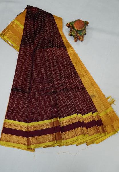 Pure Silk Cotton Saree-Coffee Brown in Golden Zari Checks with Contrast Border