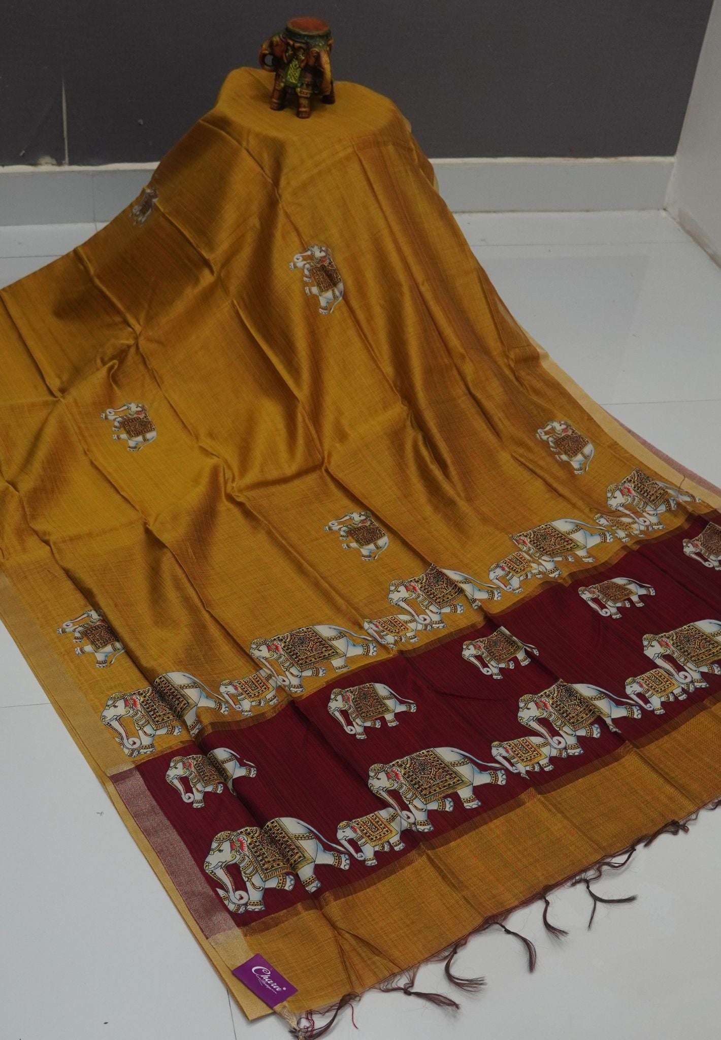 Cora Linen Saree- Pale Golden Yellow with Thanjur Print