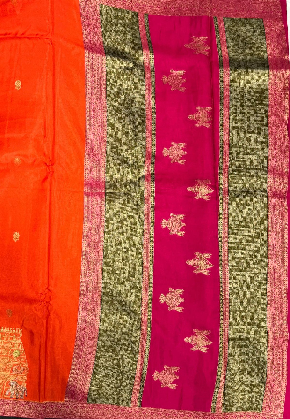 Art Mysore Silk Saree-Orange with Rajagopuram Zari Border