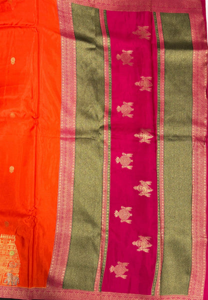 Art Mysore Silk Saree-Orange with Rajagopuram Zari Border