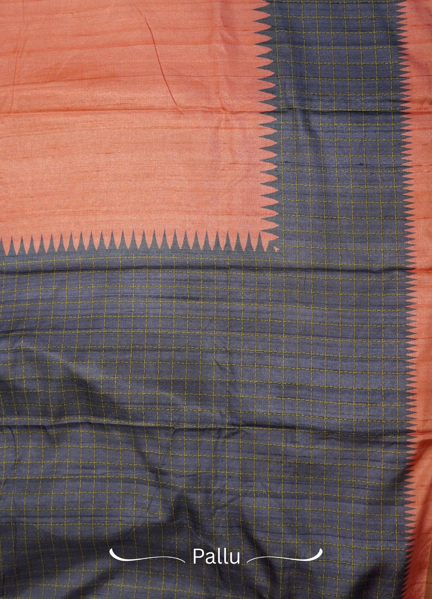 Semi Tussar Saree – Peach & violet Checks Design