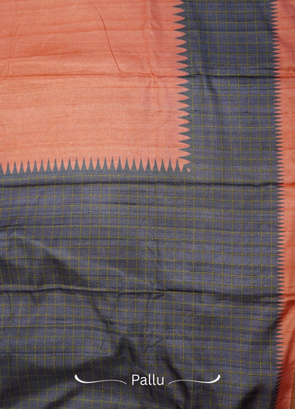 Semi Tussar Saree – Peach & violet Checks Design