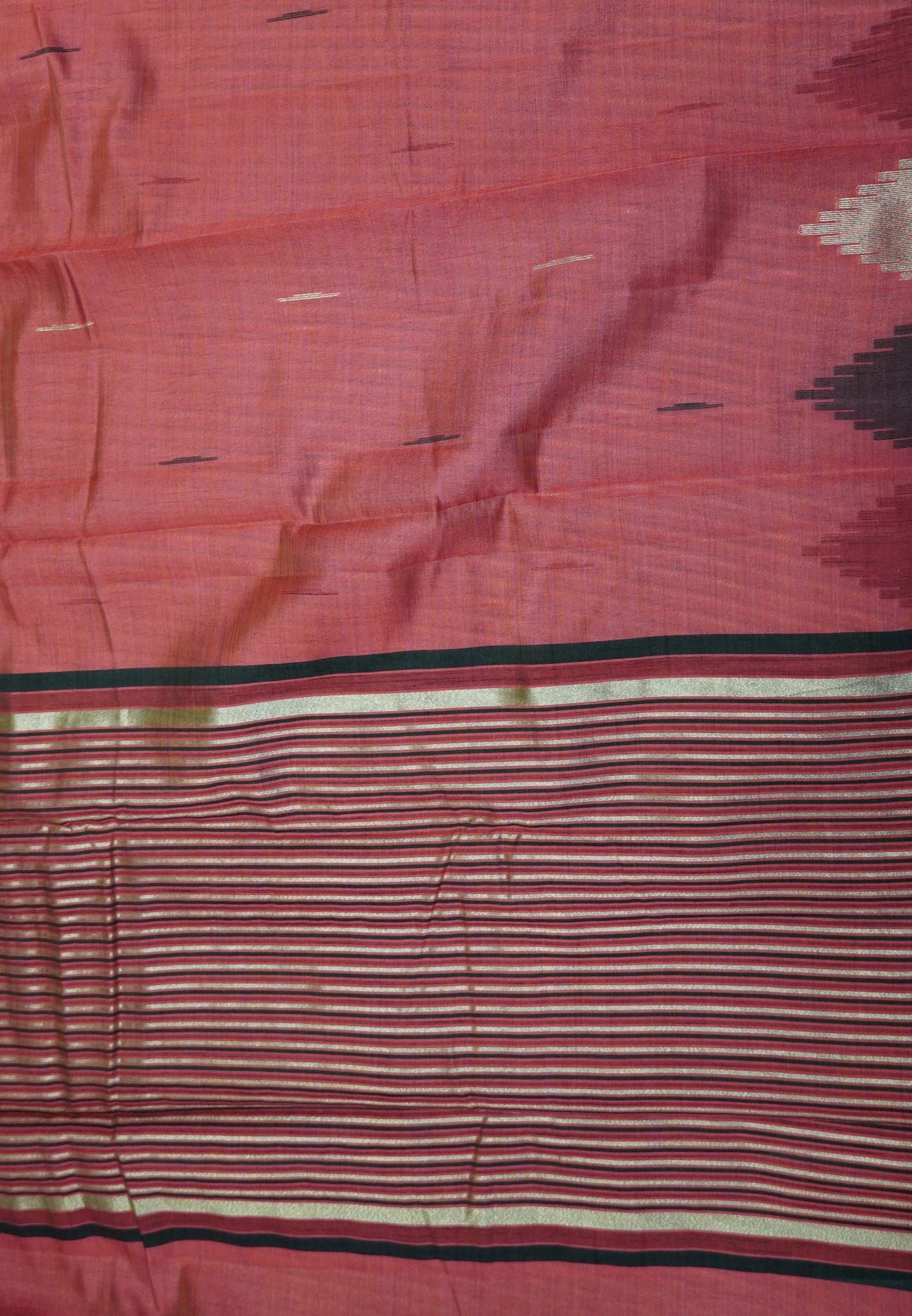 Semi Tussar Saree – Contemporary Temple Border Design – Peach Pink