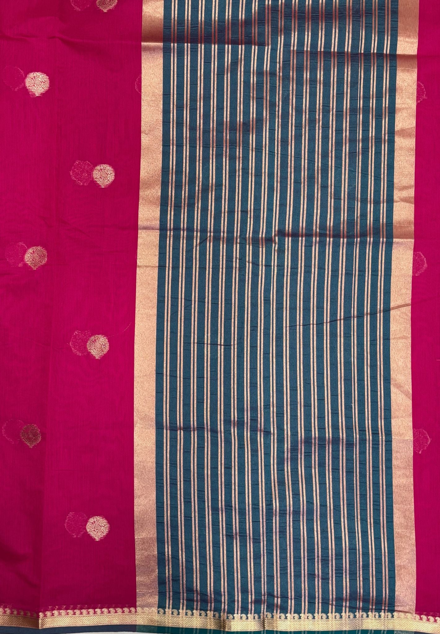 Semi Maheswari Saree-Rani Pink In Multi-Stripe Zari Border
