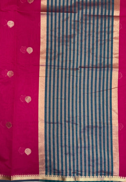 Semi Maheswari Saree-Rani Pink In Multi-Stripe Zari Border