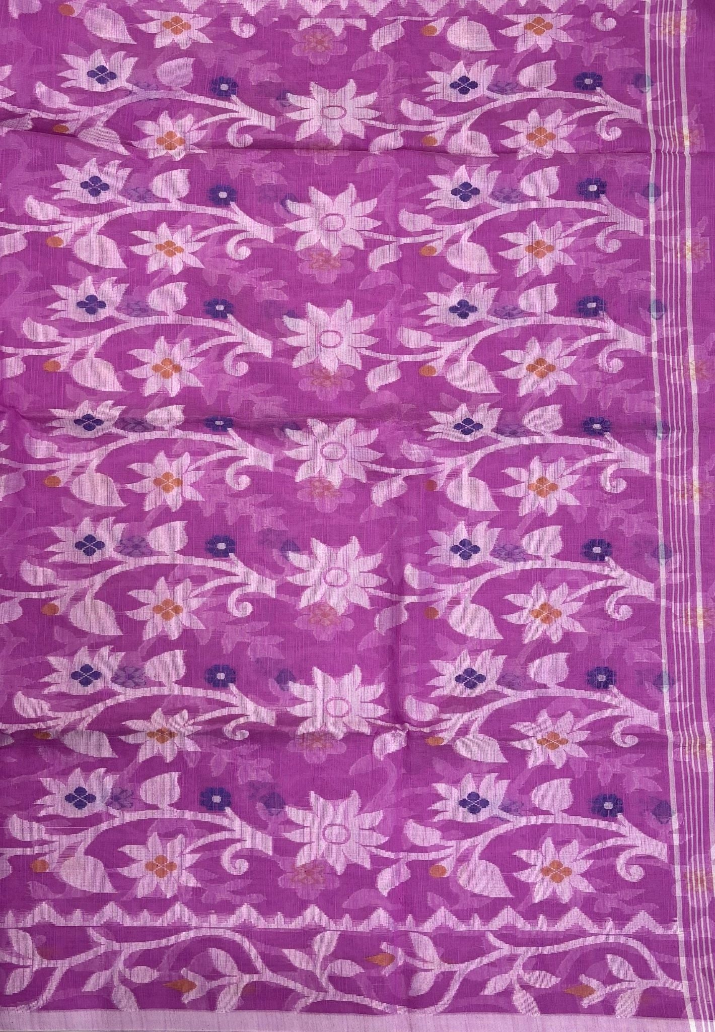 Dhakai Jamdhani Cotton Saree-Purple In Floral Vine Zari Border