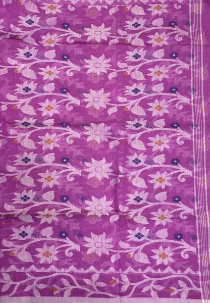 Dhakai Jamdhani Cotton Saree-Purple In Floral Vine Zari Border