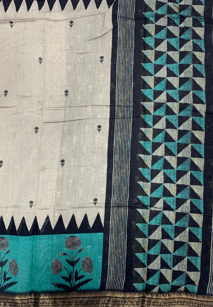 Malai Cotton Saree-Metallic Green in Triangle Border