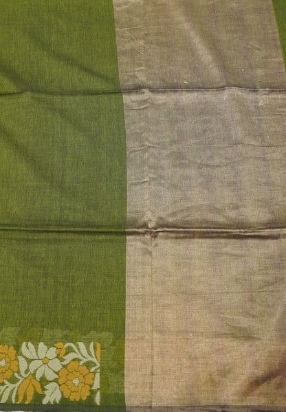 Handloom Cotton Saree-Sage Green Marigold Floral Jamdhani Border