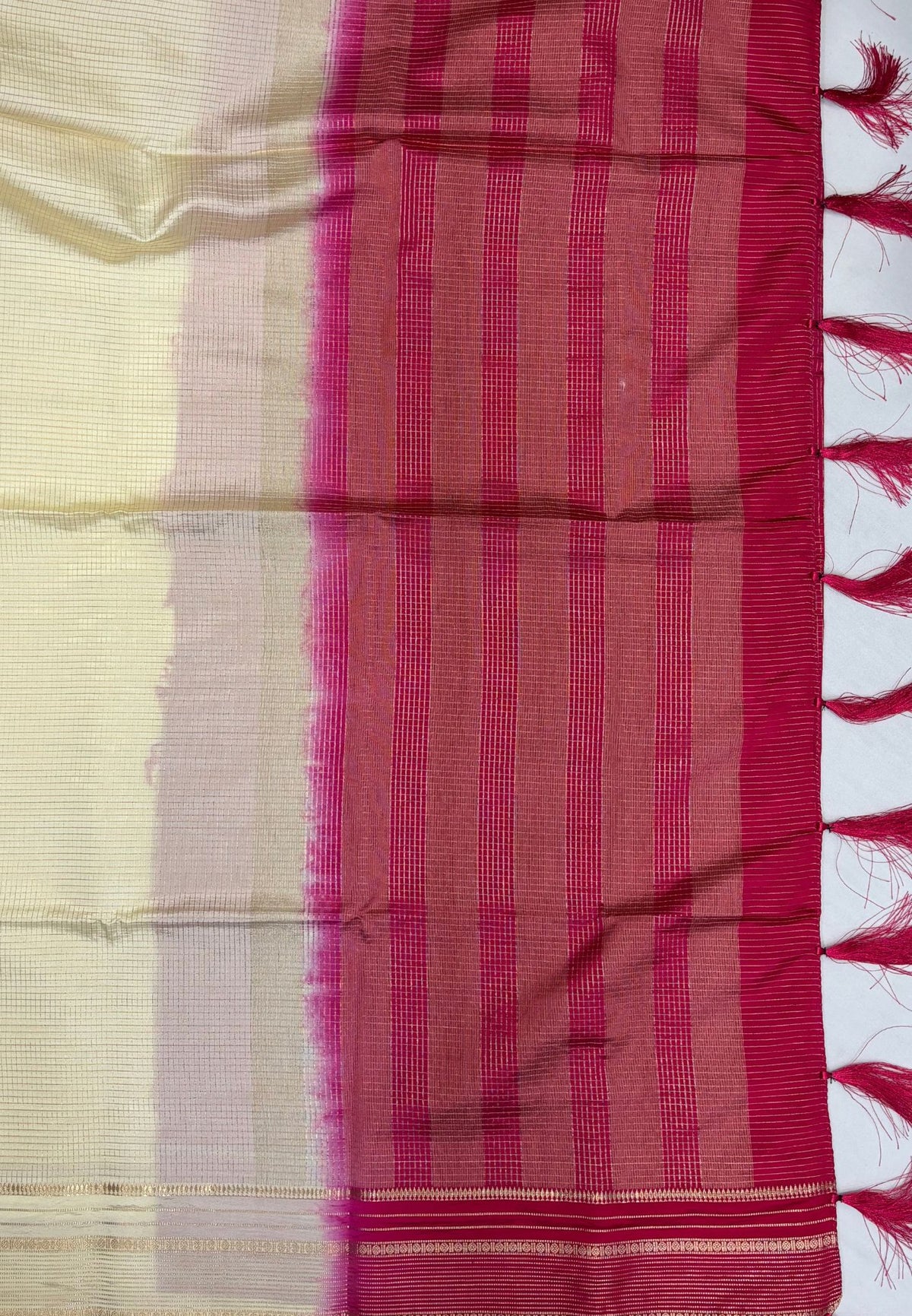 Mulberry Silk Saree-Offwhite In Striped Zari With Contrast Border