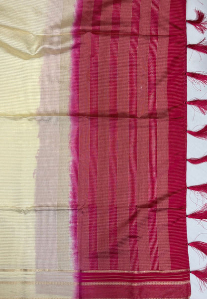 Mulberry Silk Saree-Offwhite In Striped Zari With Contrast Border