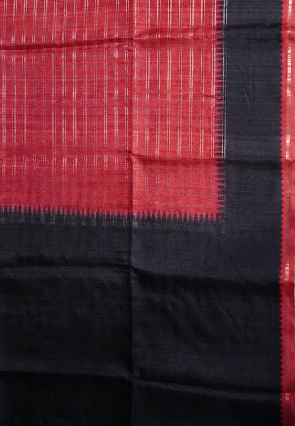 Semi Matka Tussar Saree-Red with Contrast Border and Zari Checks