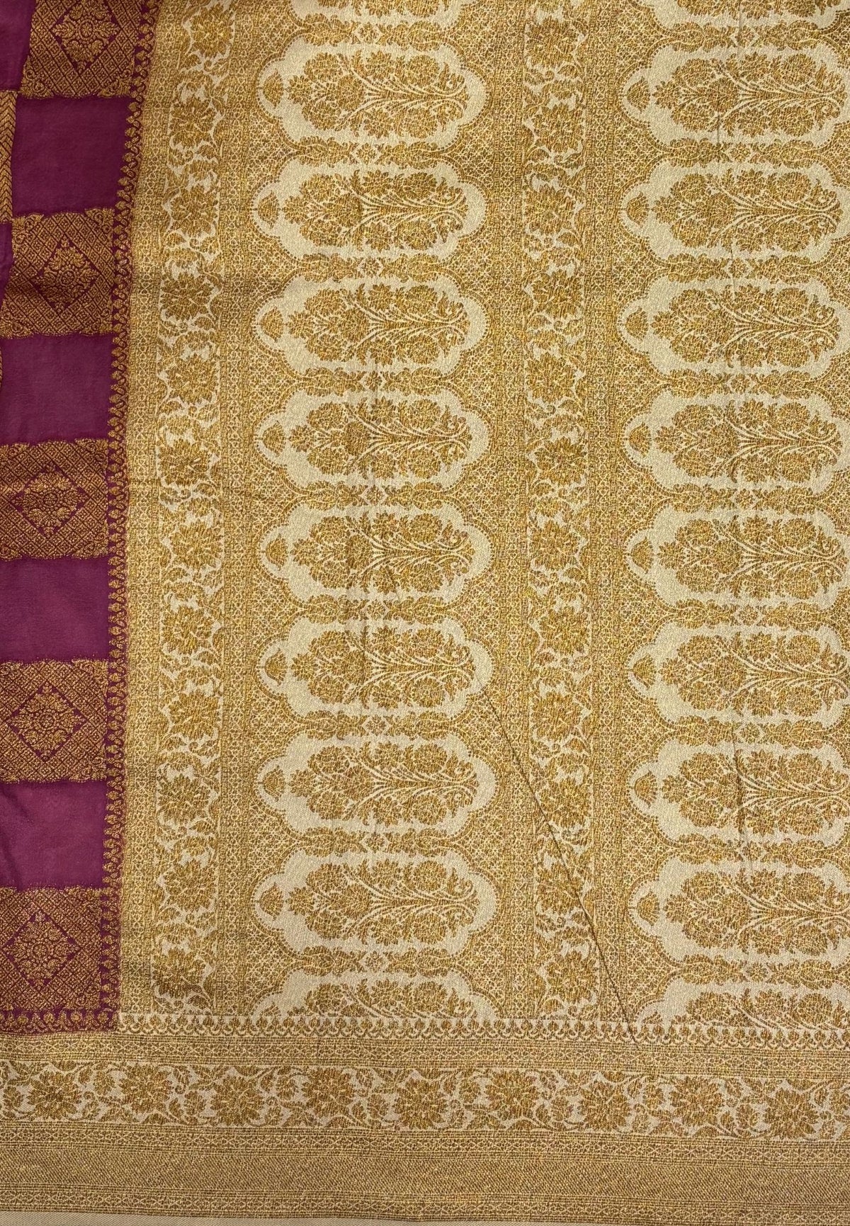 Banarasi Crepe Saree-Purple In Square Check Brocade With Contrast Border
