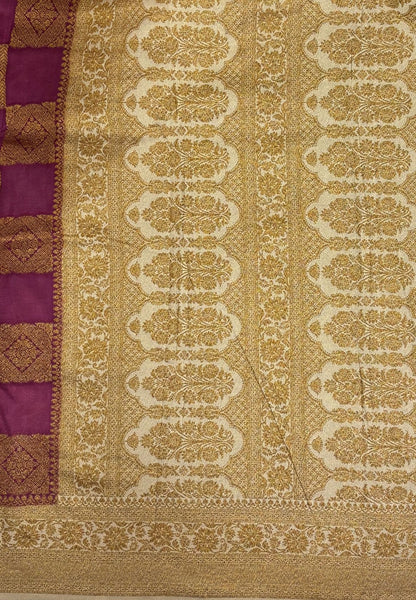 Banarasi Crepe Saree-Purple In Square Check Brocade With Contrast Border