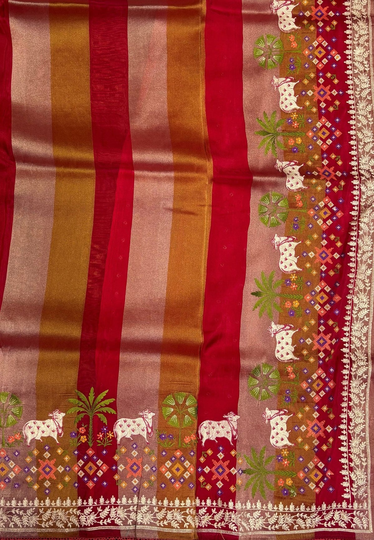 Satin Crepe Saree-Brick Red In Komatha Floral Border
