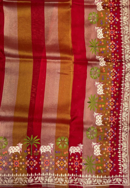 Satin Crepe Saree-Brick Red In Komatha Floral Border