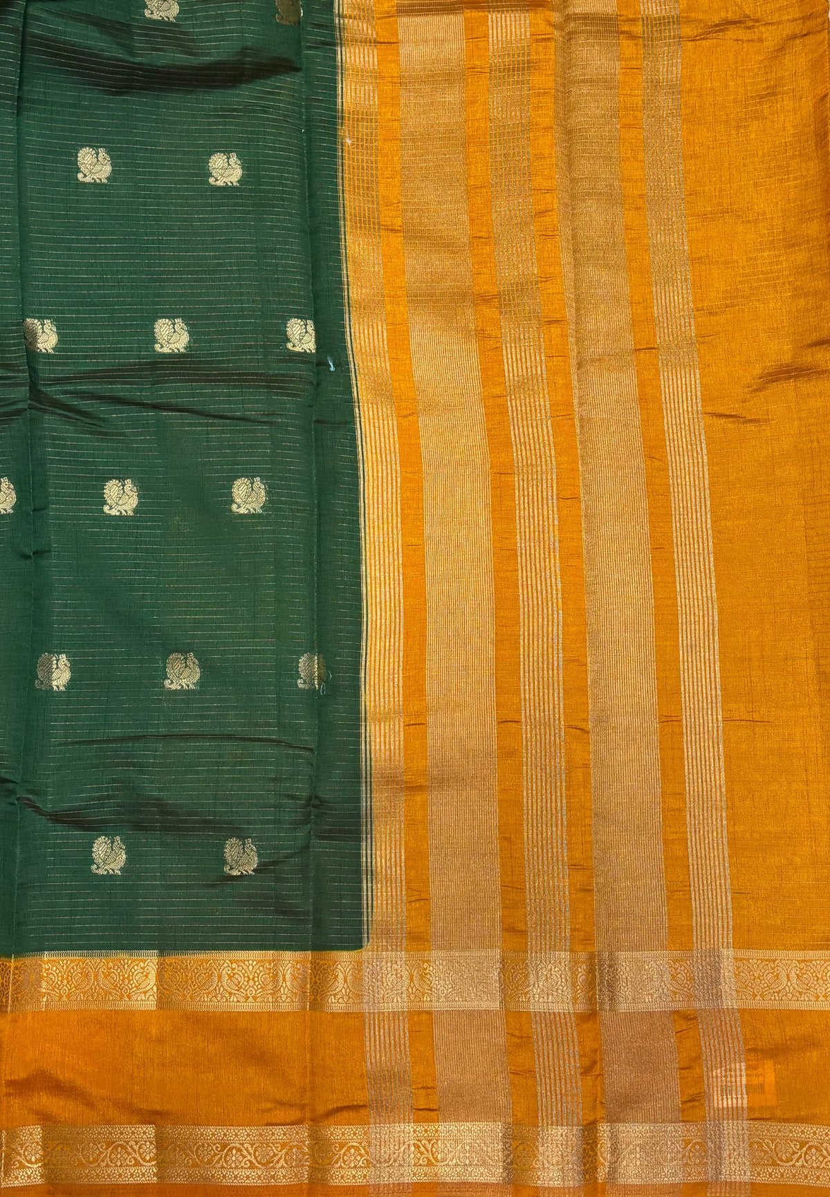 Semi Tussar Saree-Green in Traditional Floral Zari Stripe with Contrast Border