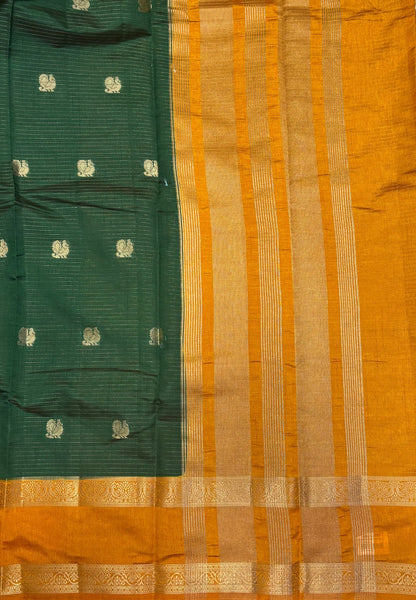 Semi Tussar Saree-Green in Traditional Floral Zari Stripe with Contrast Border