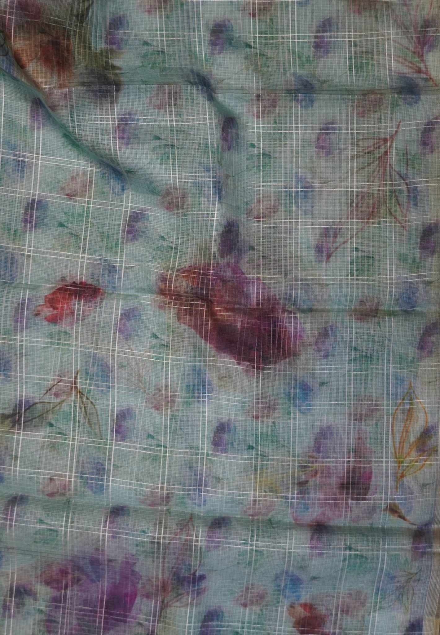 Linen Kota Saree - Light Blue with Floral Prints