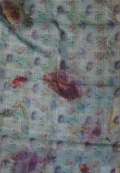 Linen Kota Saree - Light Blue with Floral Prints