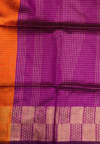 Semi Raw Silk Saree-Rust Orange In Checkered Zari With Contrast Border