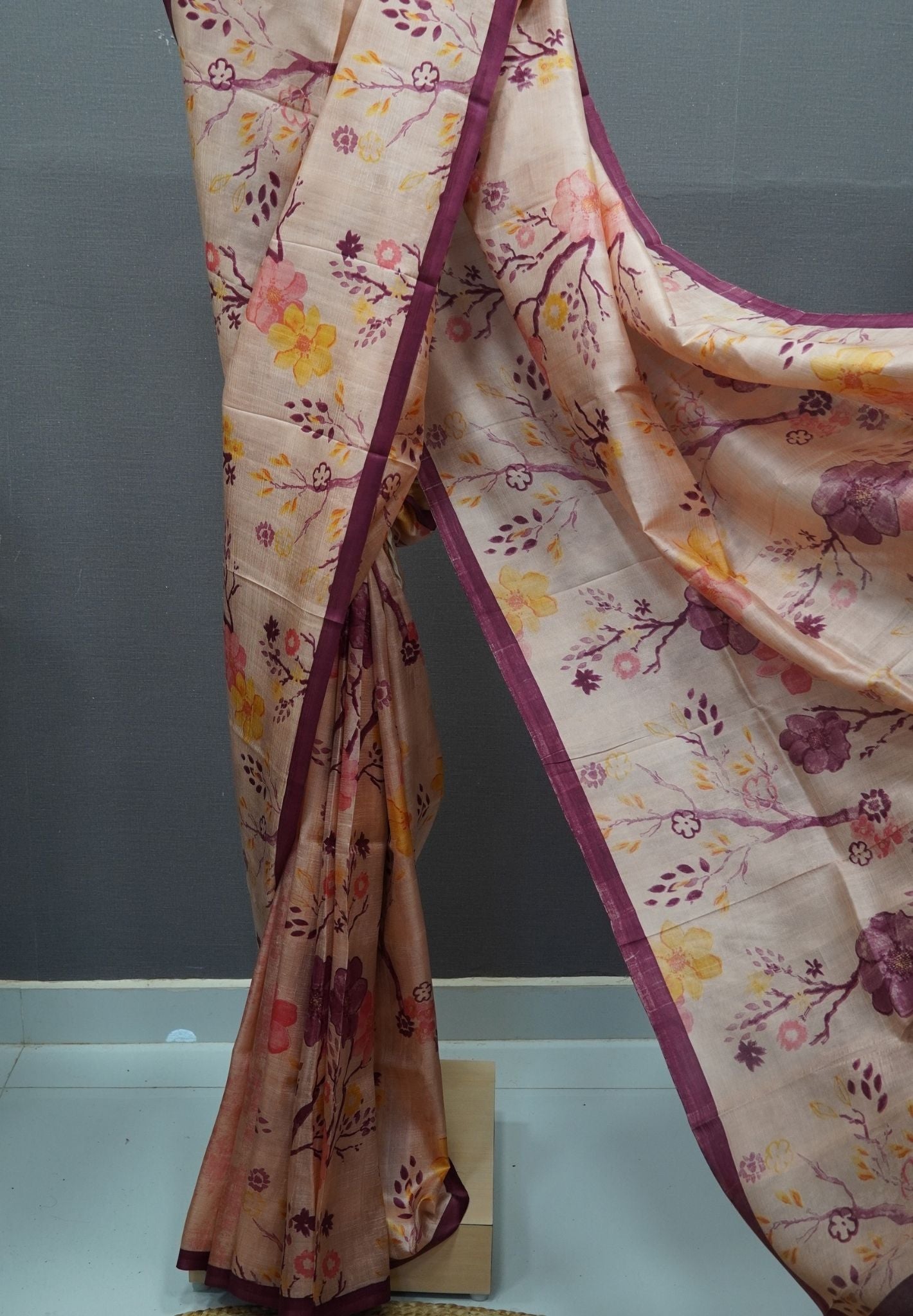 Pure Tussar Saree-Pale Orange with Contrast Small Border