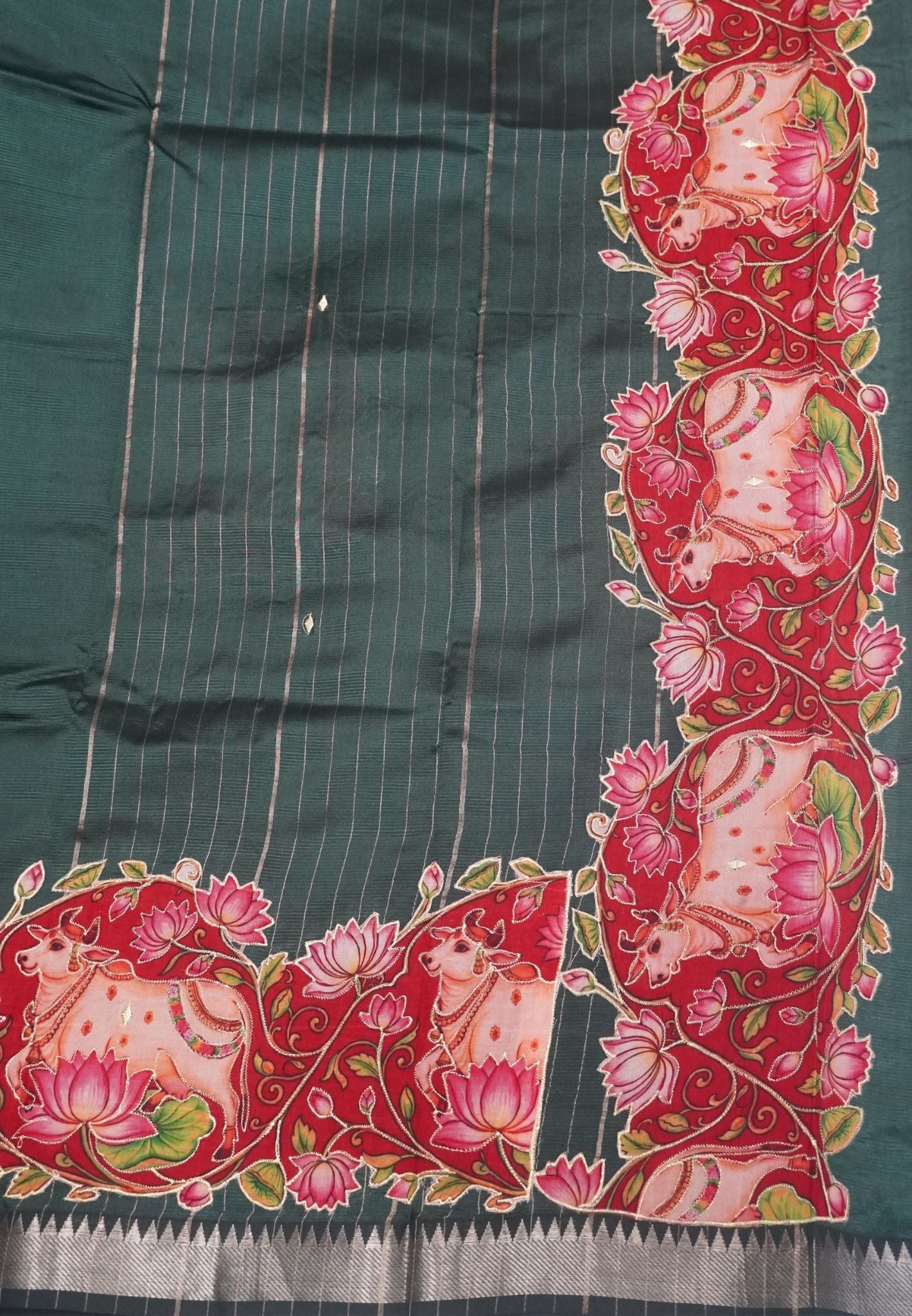 Pure Mangalgiri Silk Saree-Bottle Green in Tanjore Print with Aplique Work