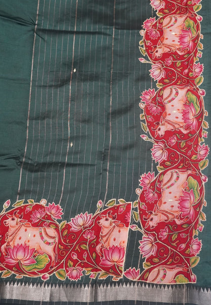 Pure Mangalgiri Silk Saree-Bottle Green in Tanjore Print with Aplique Work