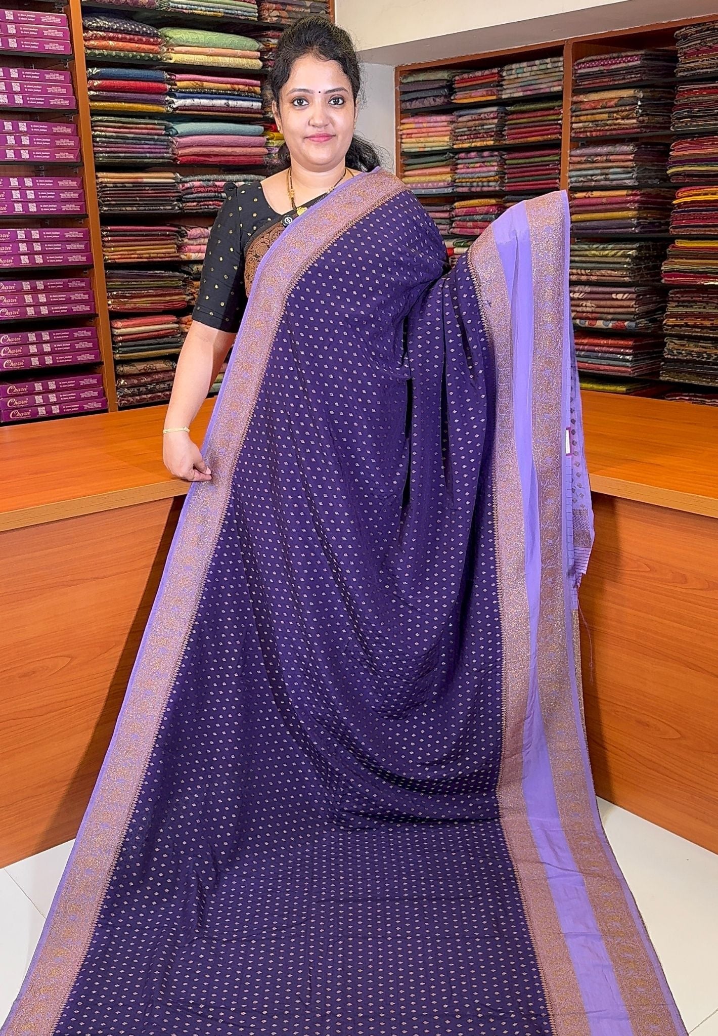 Banarasi Georgette Saree-Blue with Contrast Retapet Border