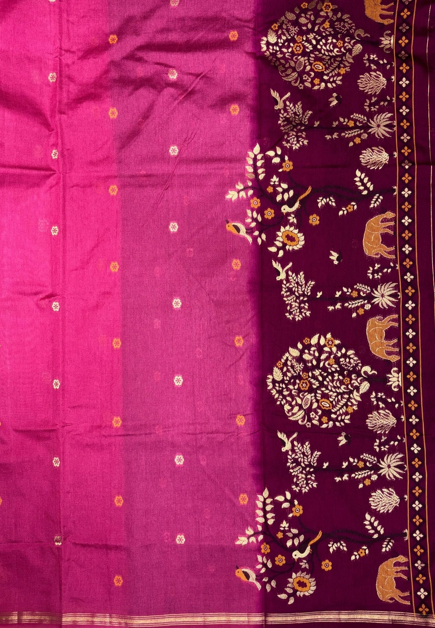 Gaji Silk Saree-Magenta Pink In Warli Tree & Elephant With Contrast Border