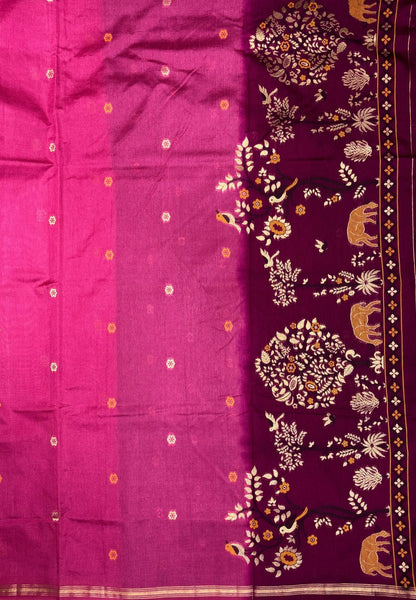 Gaji Silk Saree-Magenta Pink In Warli Tree & Elephant With Contrast Border