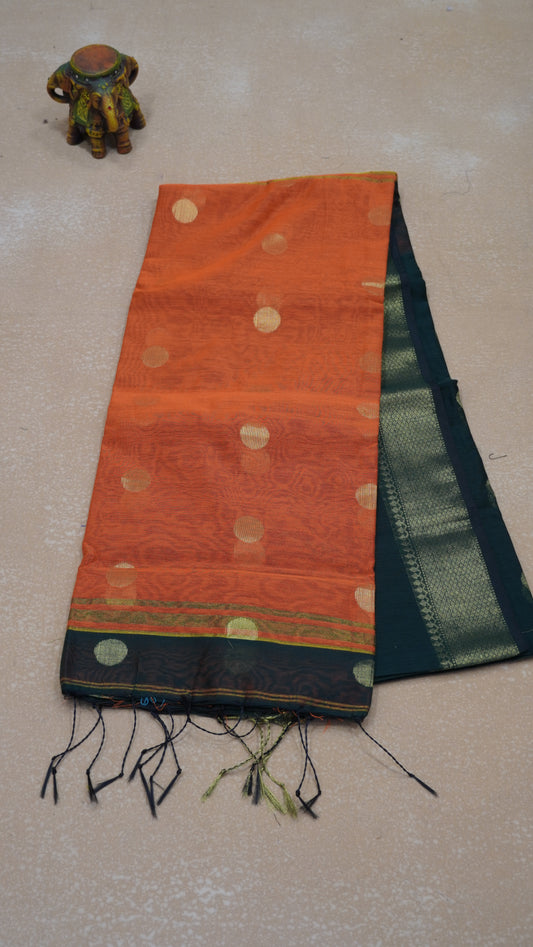 Maheswari Cotton Saree Round Butta-Bottle Green