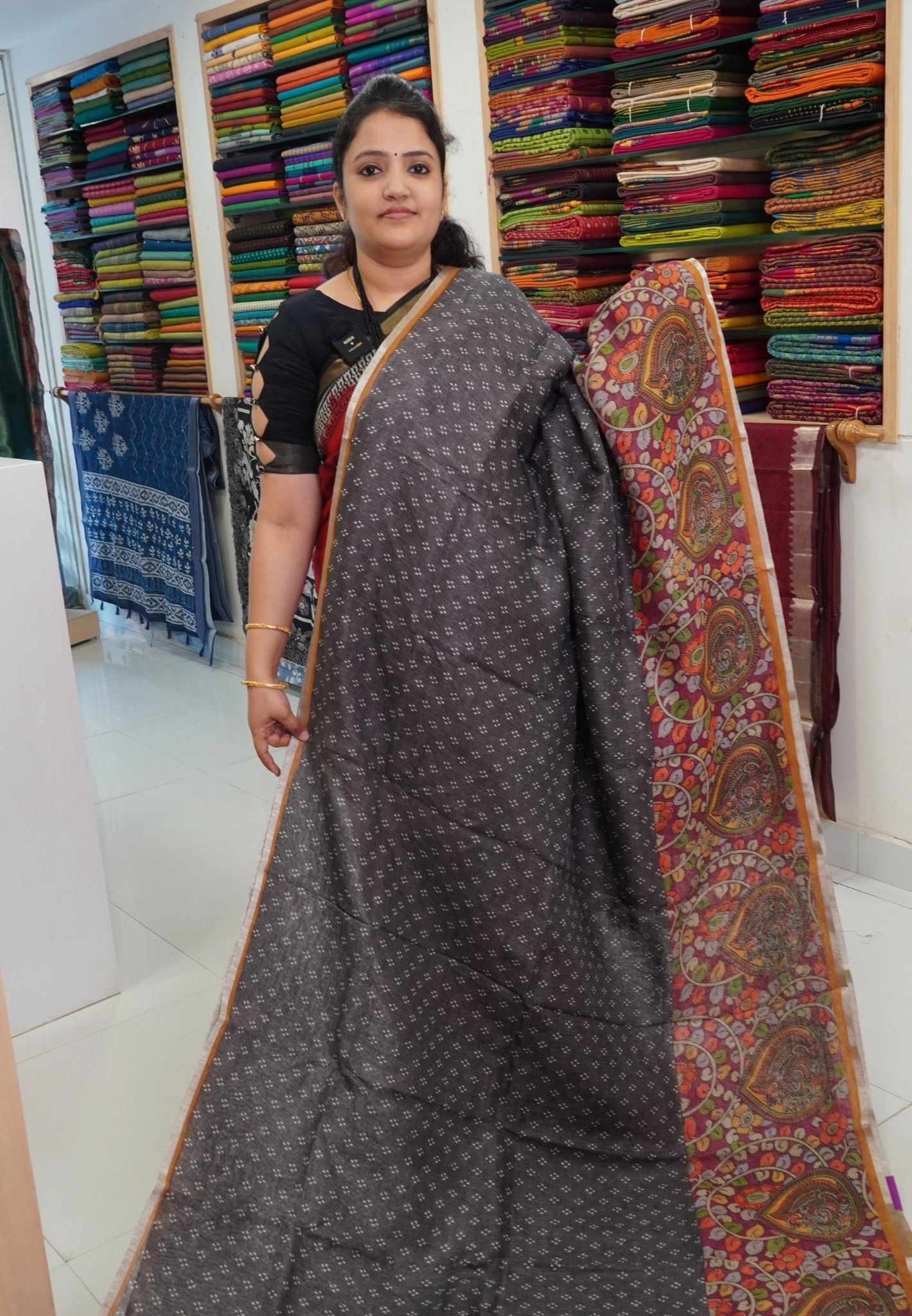 Pure Linen Saree - Kalamkari Grey