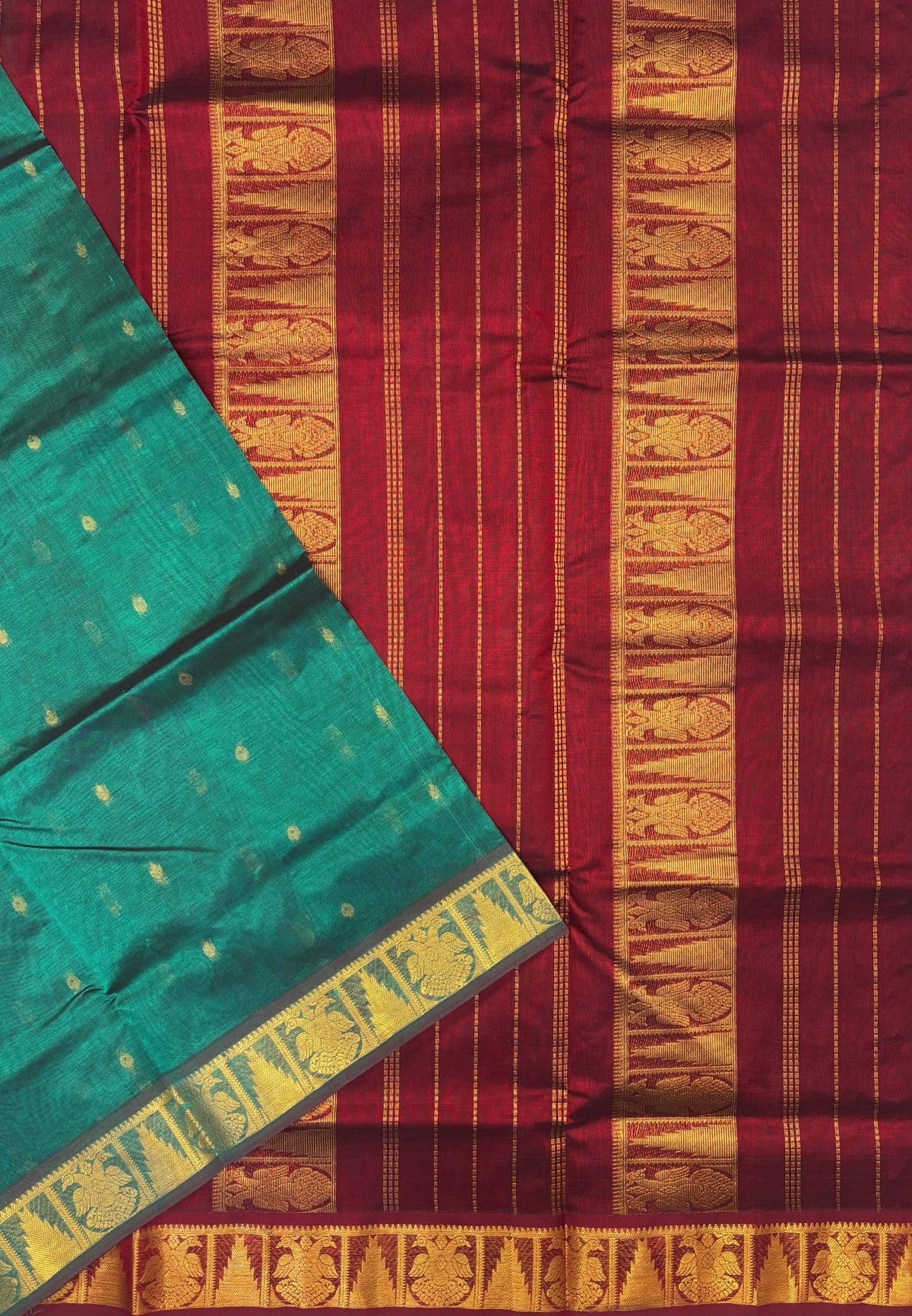 Silk Cotton Saree–Teal Green-Maroon in Mini Buttas with Contrast Border