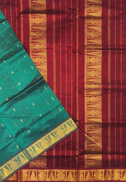 Silk Cotton Saree–Teal Green-Maroon in Mini Buttas with Contrast Border