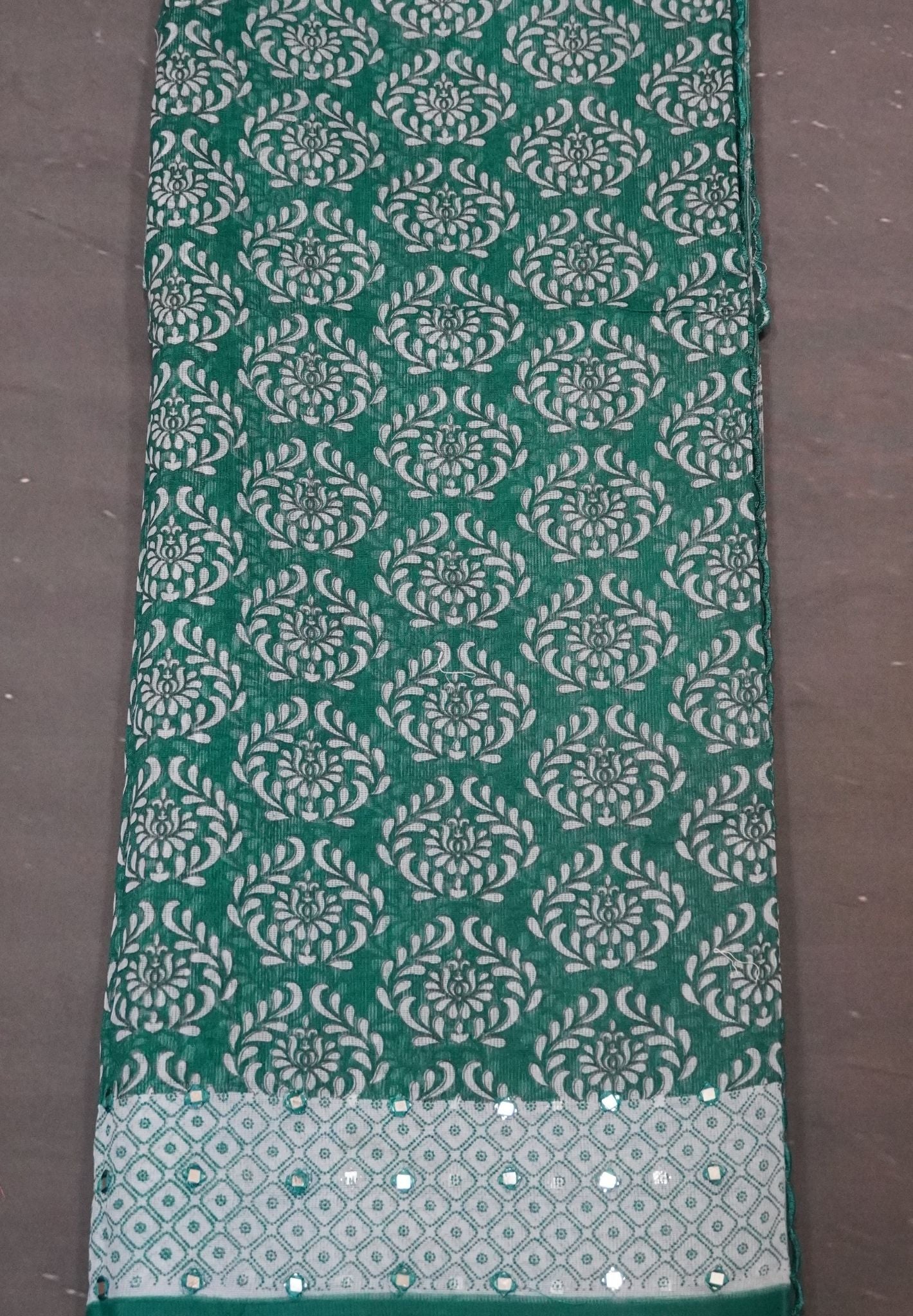 Supernet Kota Cotton Saree-Green with Mirror Work