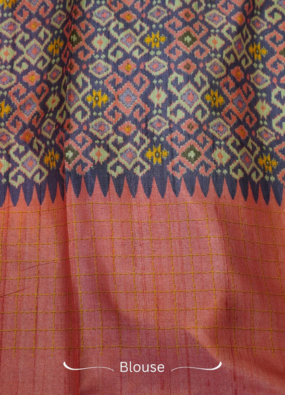 Semi Tussar Saree – Peach & violet Checks Design