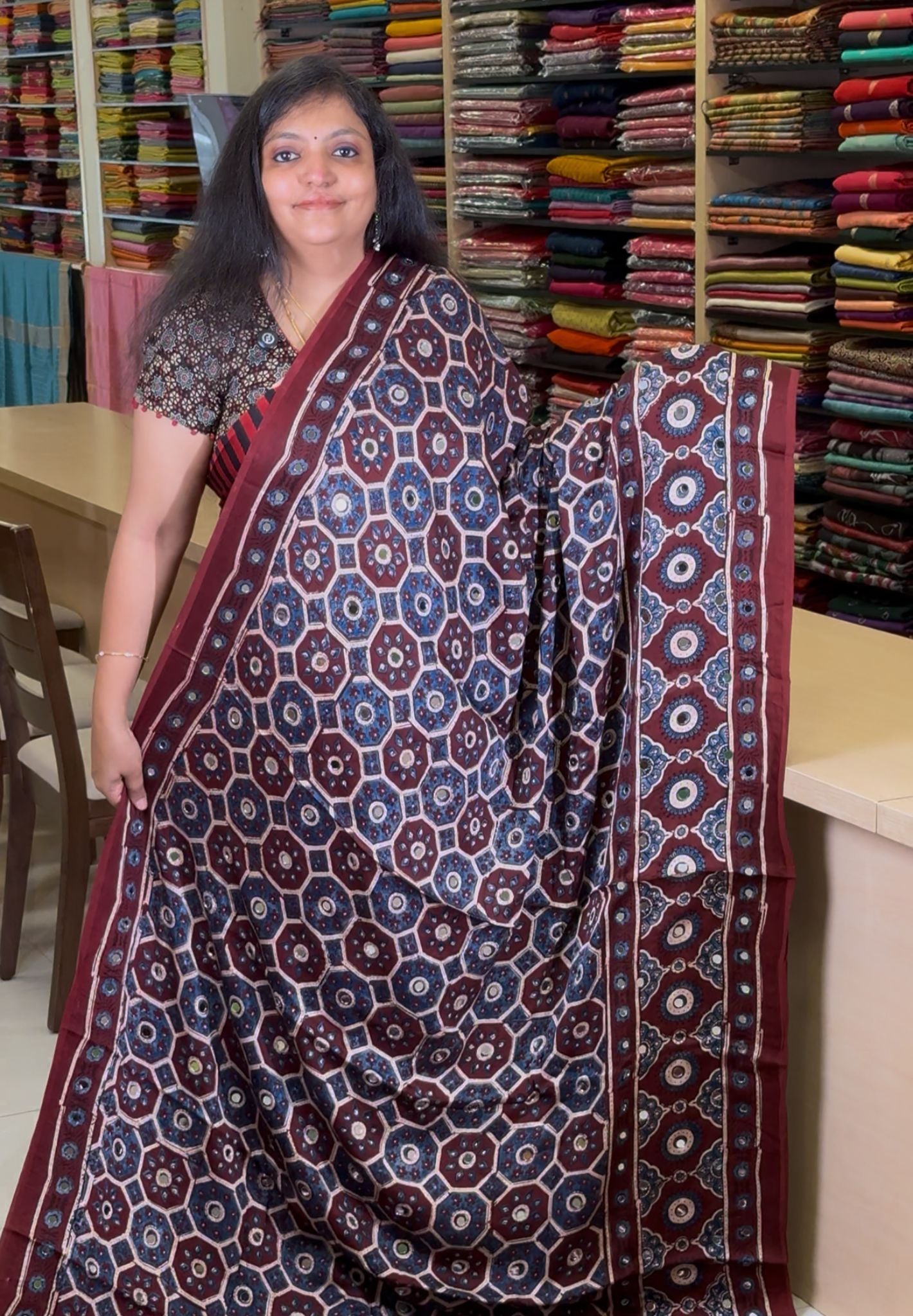 Pure Modal Silk Saree-Original Mirror Work &Traditional Printed Motifs - Maroon
