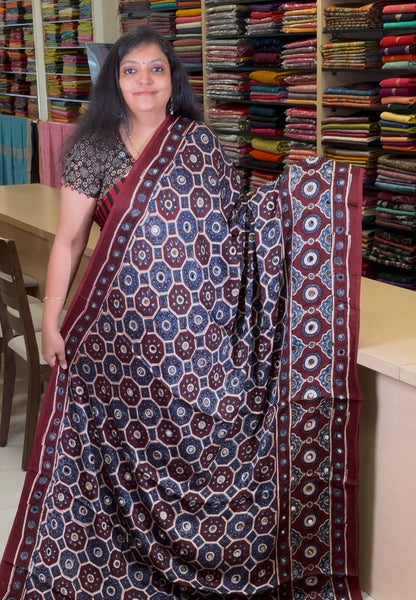 Pure Modal Silk Saree-Original Mirror Work &Traditional Printed Motifs - Maroon