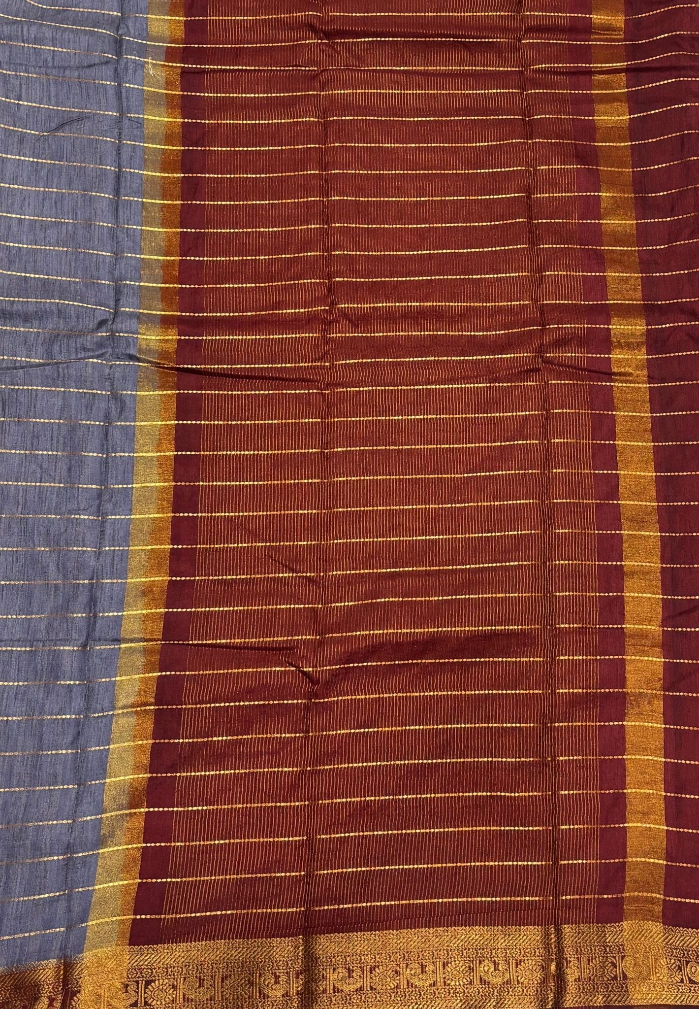 Semi Raw Silk Saree-Dark Grey in Zari Lines with Contrast Annam Border