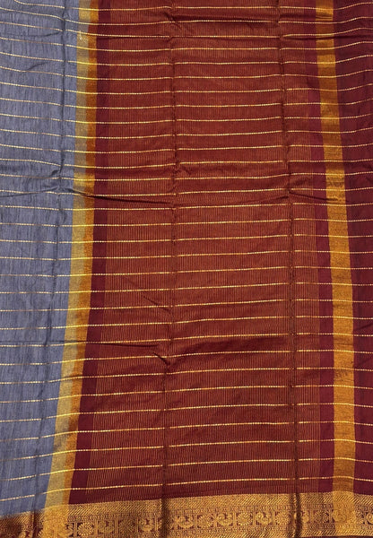 Semi Raw Silk Saree-Dark Grey in Zari Lines with Contrast Annam Border