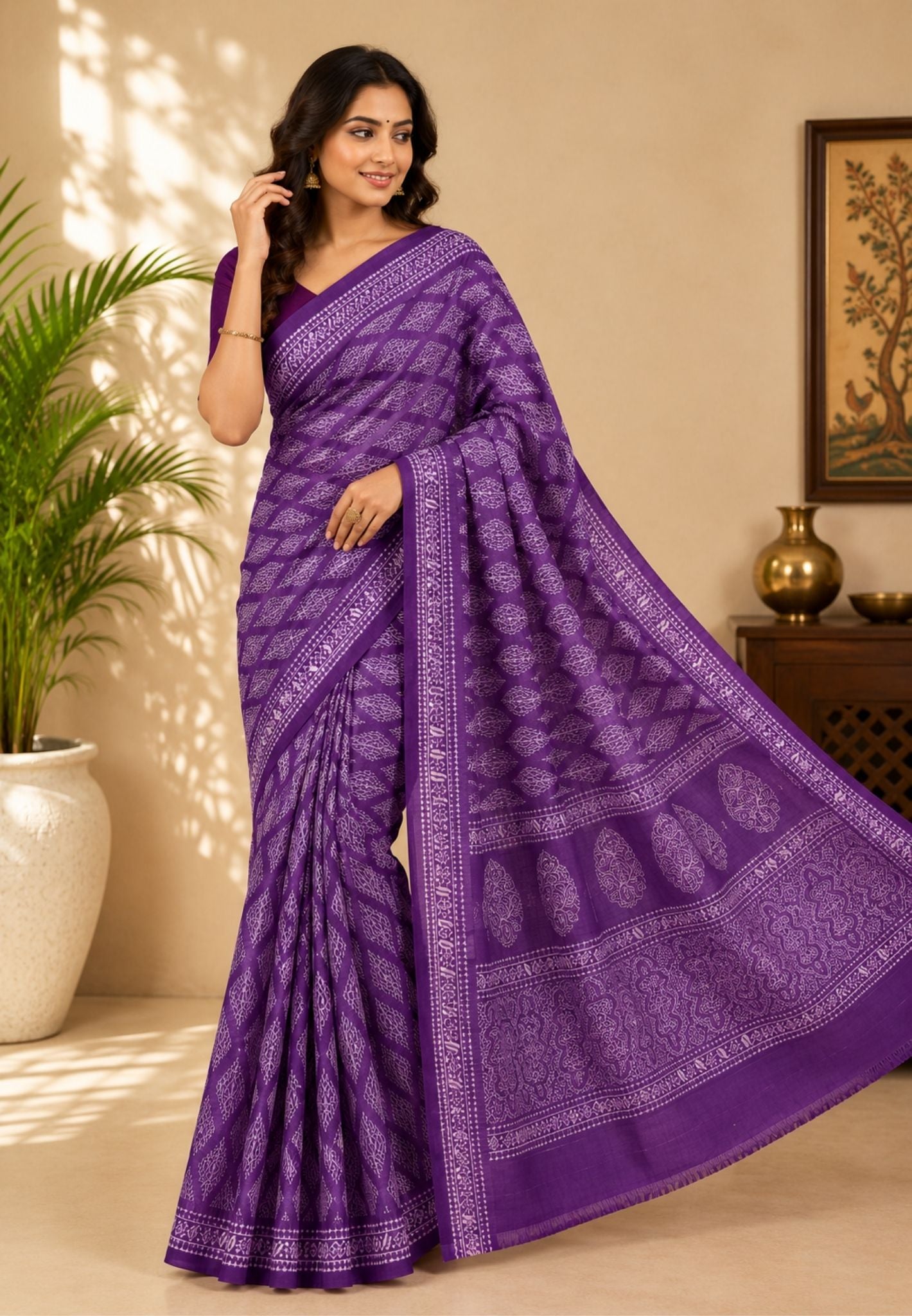 Pure Tussar Saree-Purple in Geometric pattern