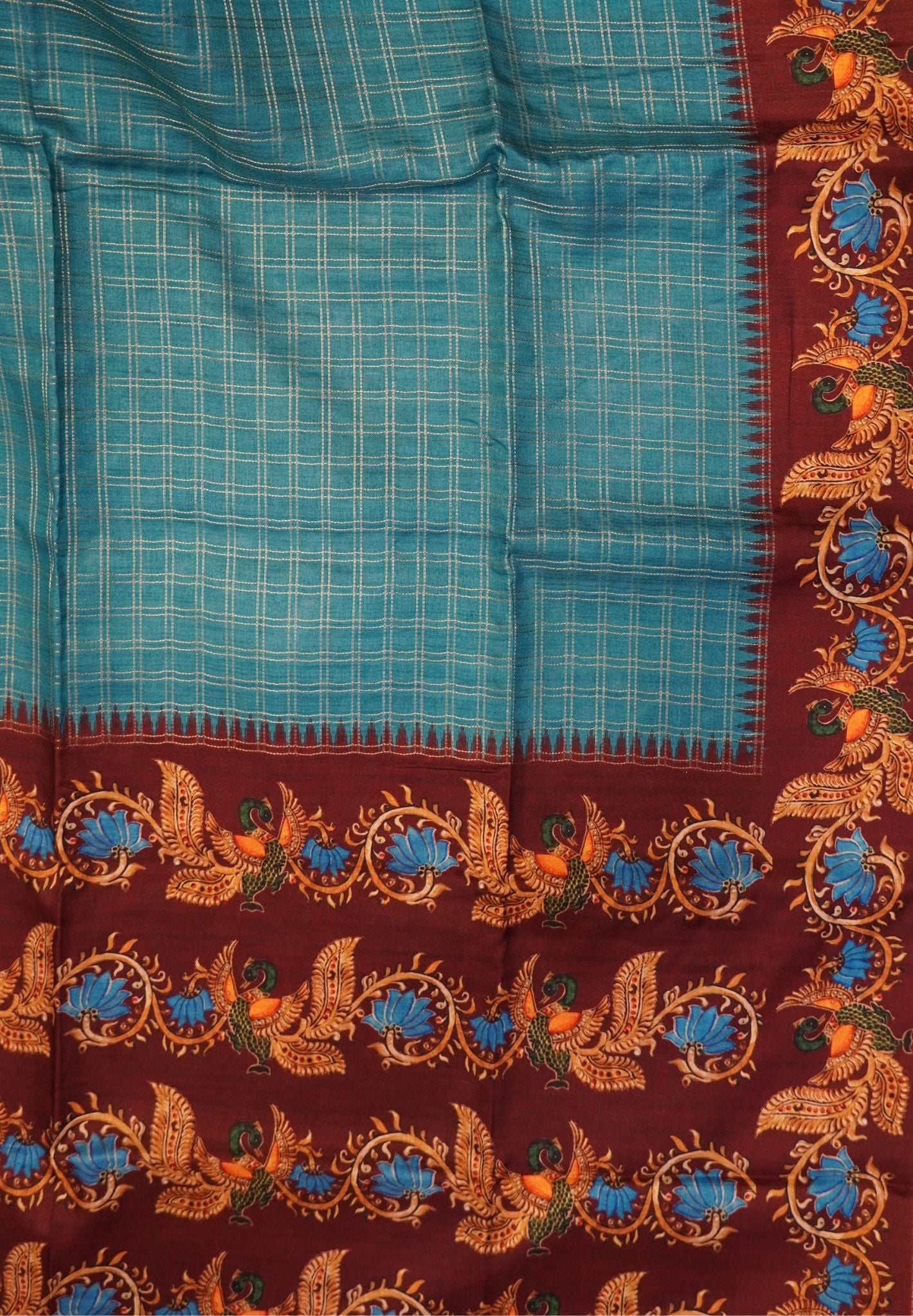 Premium Matka Tussar Saree-Peacock Blue with Contrast Border in Tanjore Print