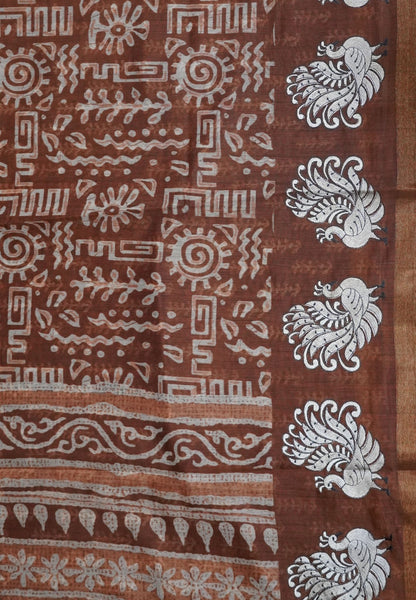 Semi Chanderi Saree-Khaki with Peacock Embroidery