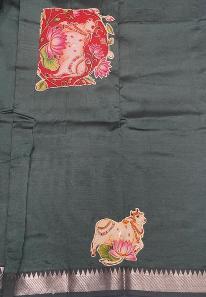 Pure Mangalgiri Silk Saree-Bottle Green in Tanjore Print with Aplique Work