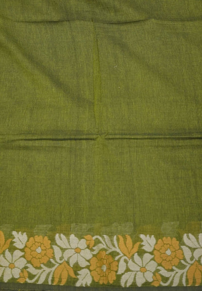 Handloom Cotton Saree-Sage Green Marigold Floral Jamdhani Border