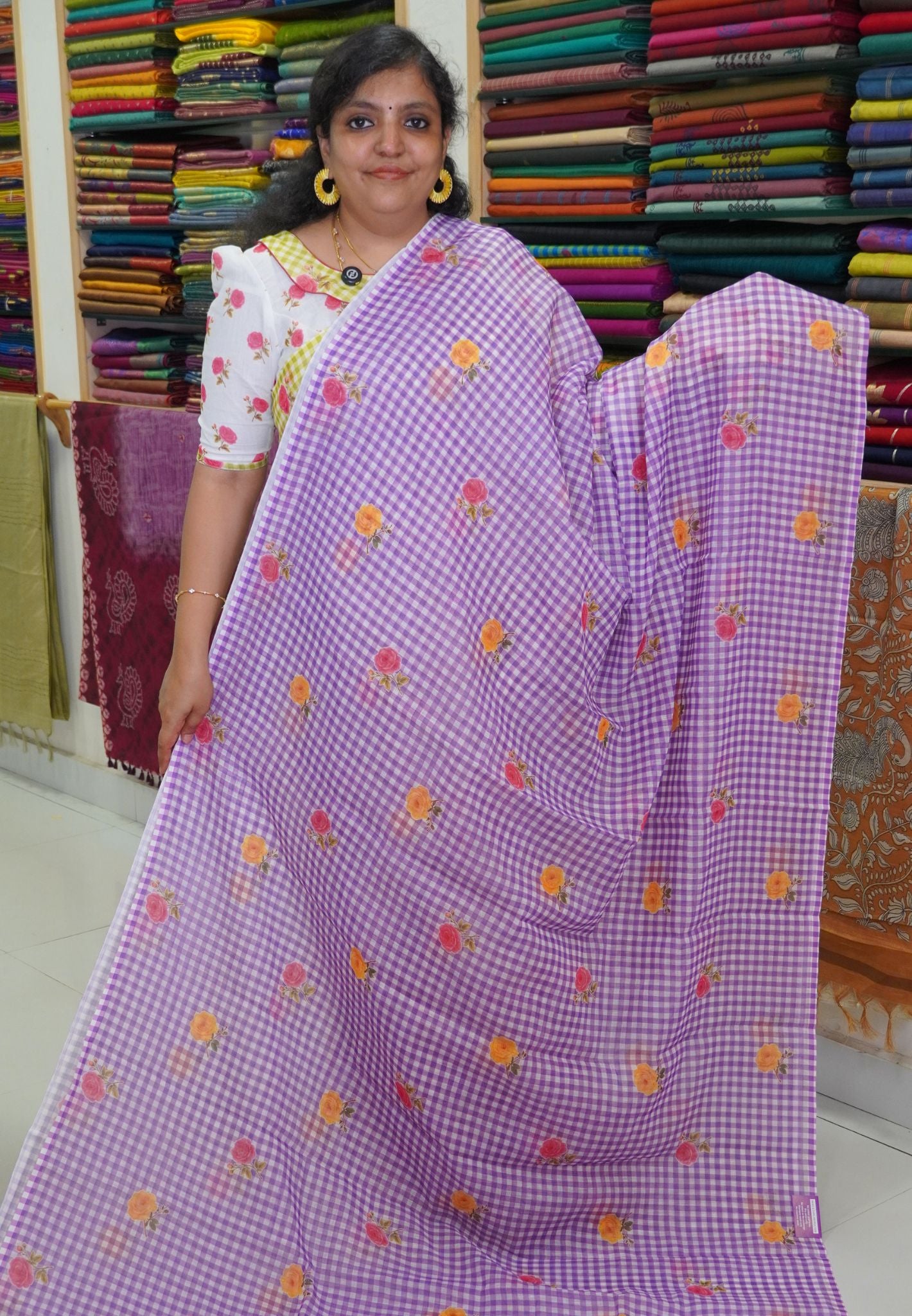 Linen Saree - Checks Light Purple