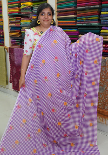 Linen Saree - Checks Light Purple