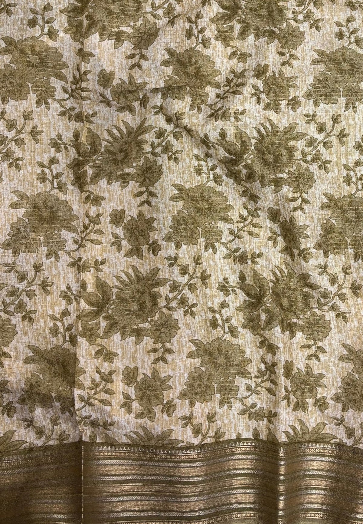 Muslin Tussar Saree-Olive Green In Floral Vine Border